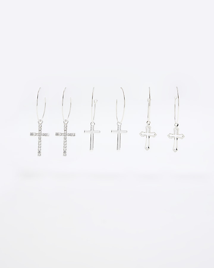 Silver Cross Hoop Earrings Multipack
