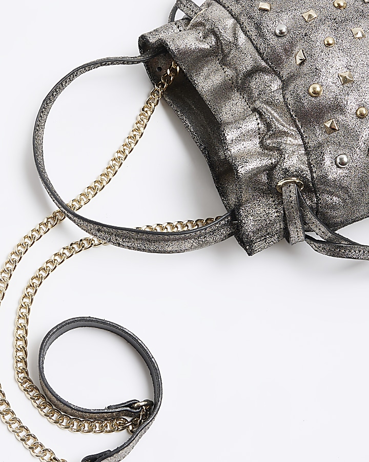 Silver leather studded cross body bag