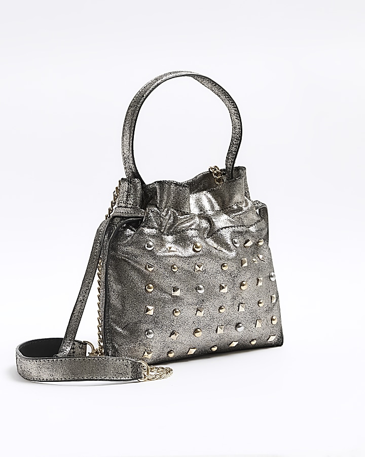 Silver leather studded cross body bag