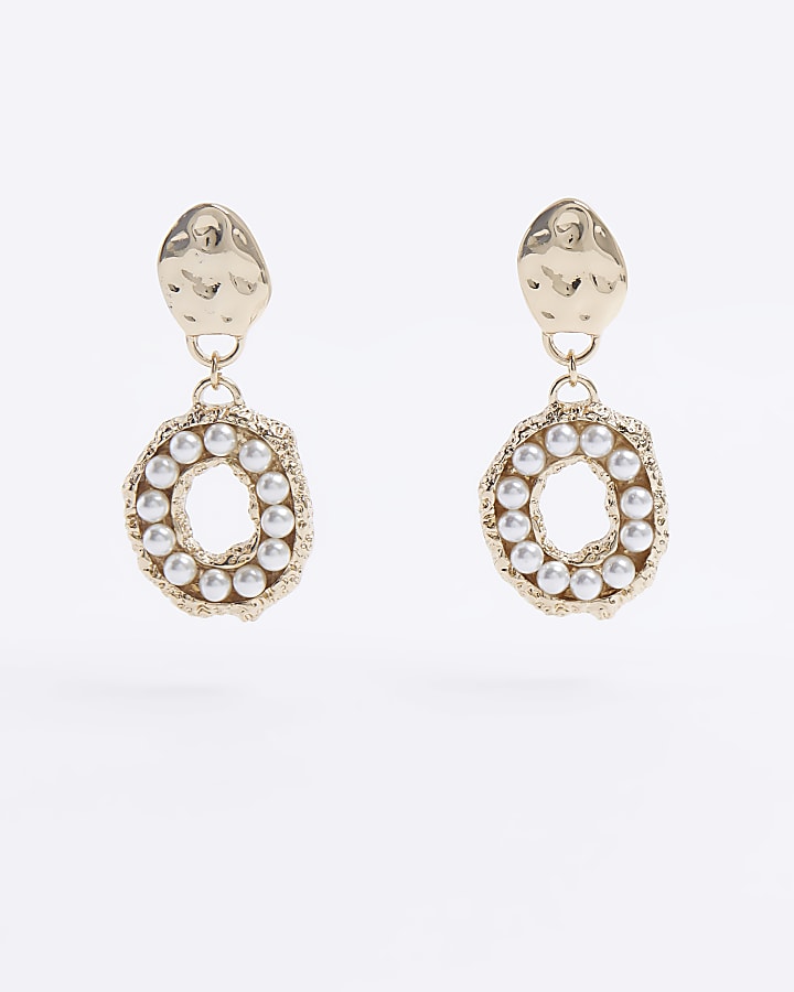 Gold Pearl Circle Drop Earrings