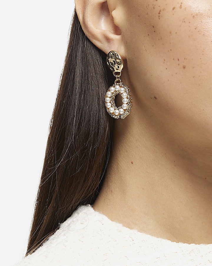 Gold Pearl Circle Drop Earrings