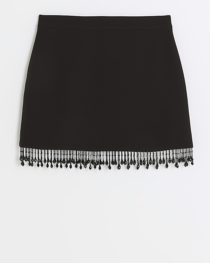 Black beaded fringe mini skirt