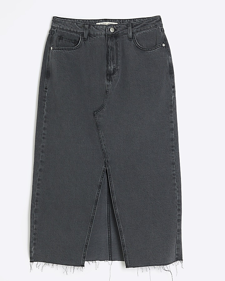 Petite grey denim maxi skirt