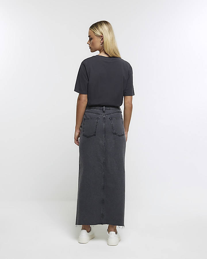 Petite grey denim maxi skirt