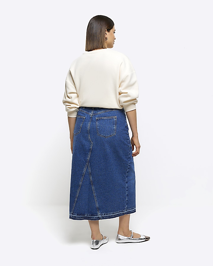 Plus blue asymmetric waist denim maxi skirt