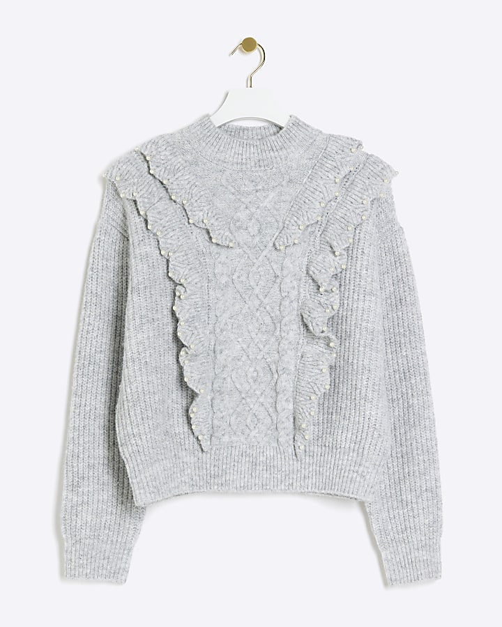 Grey cable knit frill jumper