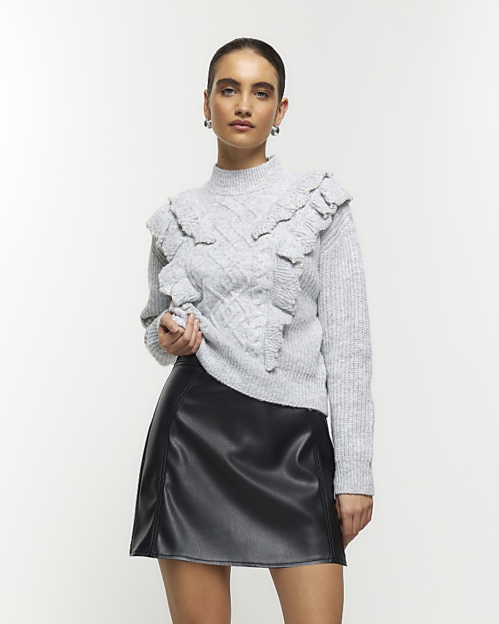 Grey cable knit frill jumper | River Island