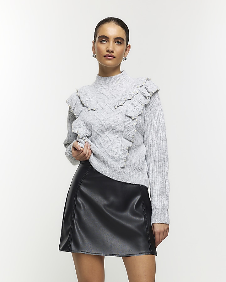 Grey cable knit frill jumper