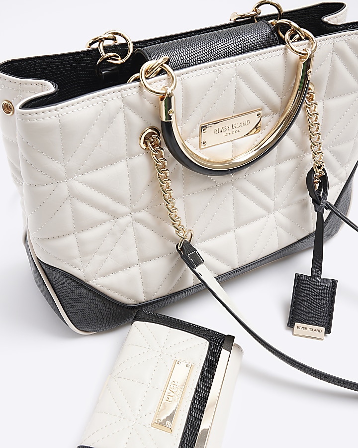 Cream quilted chain tote bag and purse