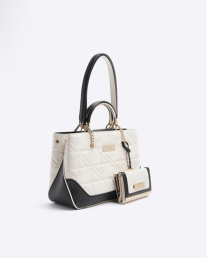 Cream quilted chain tote bag and purse