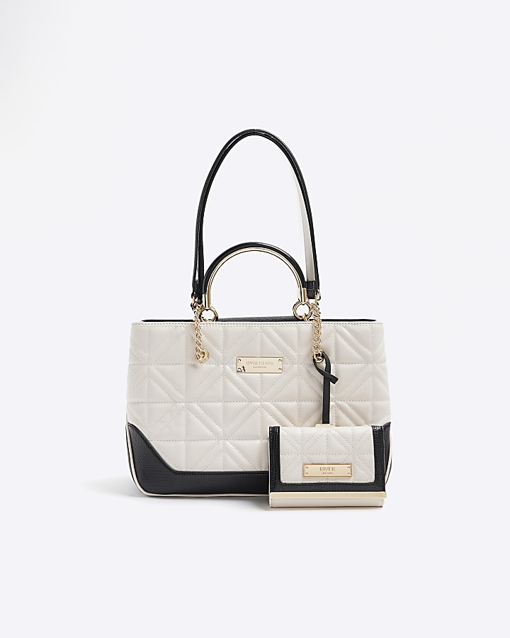 Cream quilted chain tote bag and purse