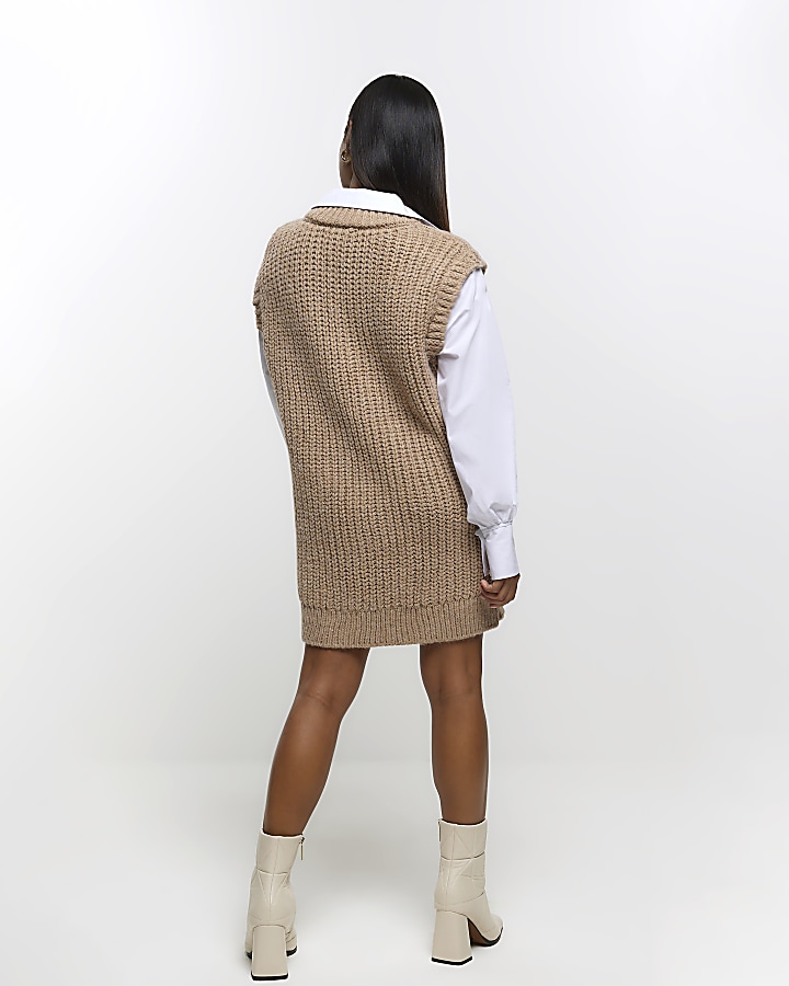 Petite beige knit hybrid jumper mini dress