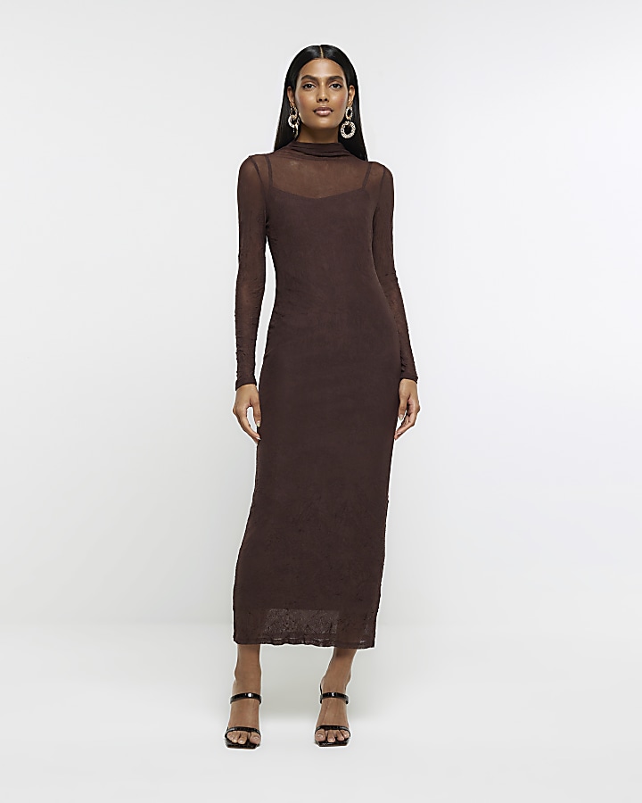 Brown mesh bodycon maxi dress