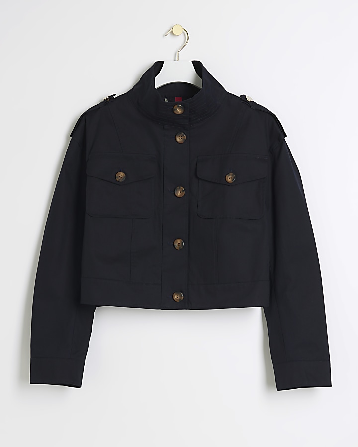 Navy crop trench jacket