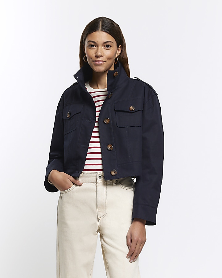 Navy crop trench jacket | River Island