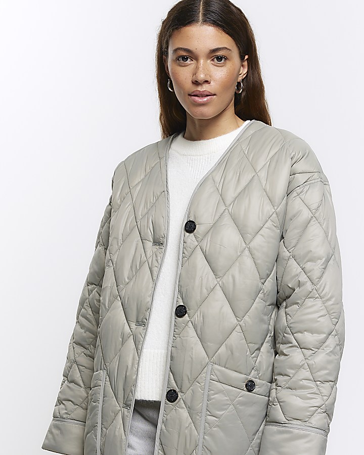 Grey faux fur collar quilted jacket