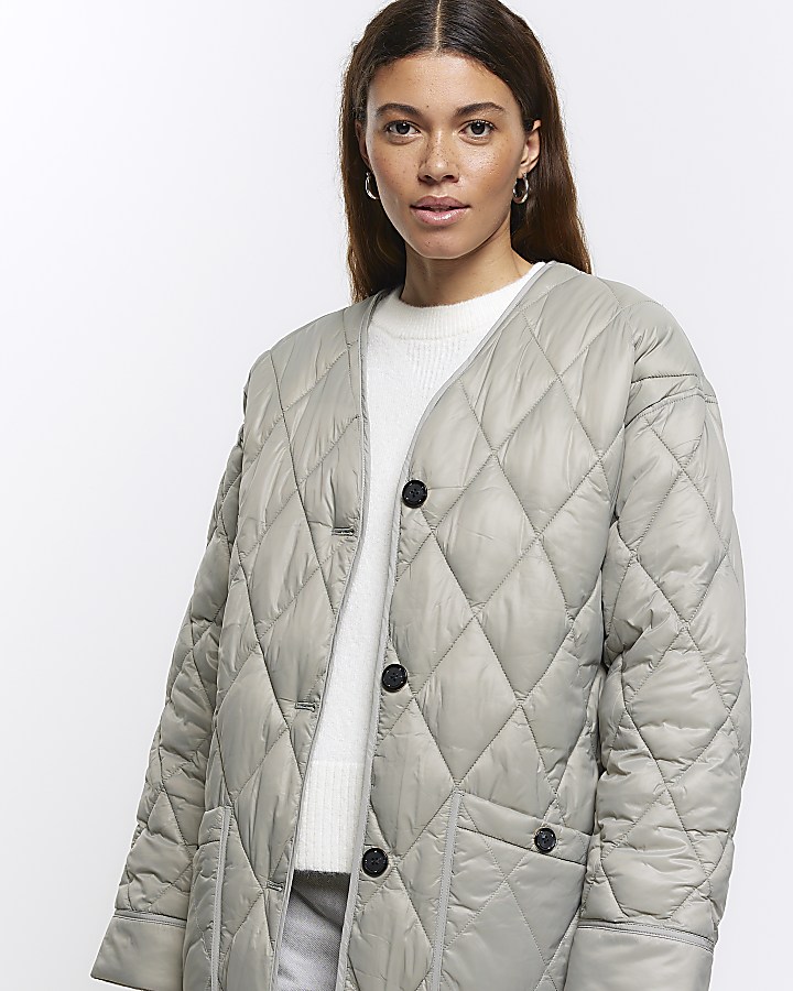 Grey faux fur collar quilted jacket River Island