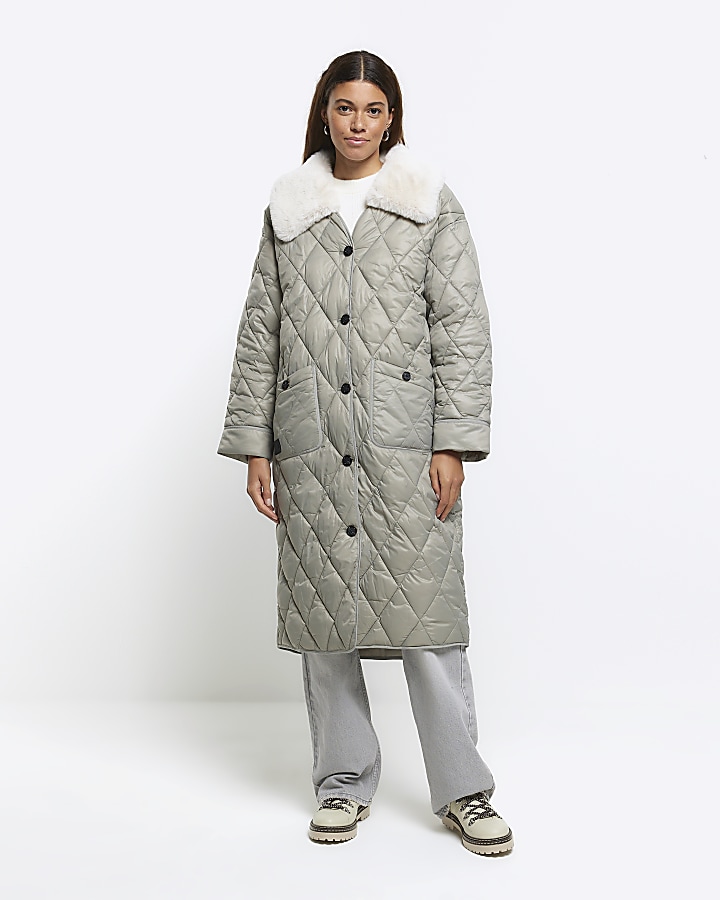 Long grey shop quilted coat