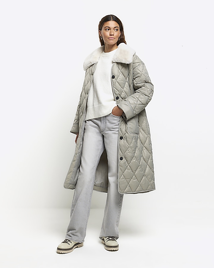 Grey faux fur collar quilted jacket River Island
