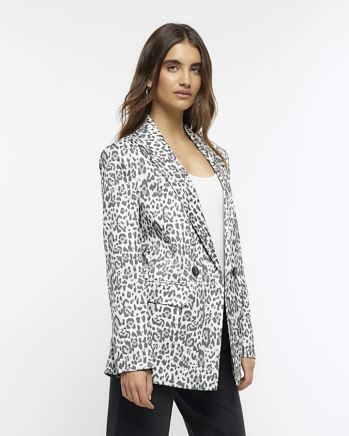 Grey animal print blazer River Island