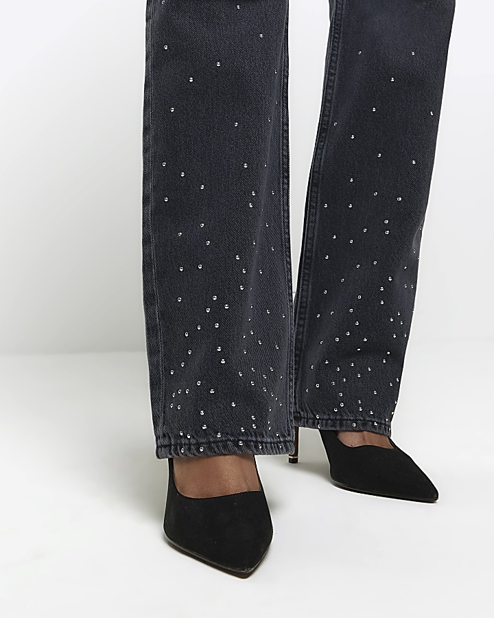 Black embellished stove pipe straight jeans