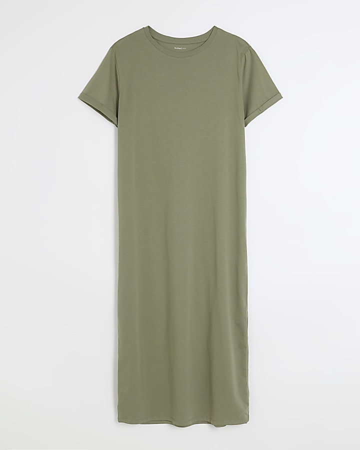 Khaki short sleeve t-shirt midi dress
