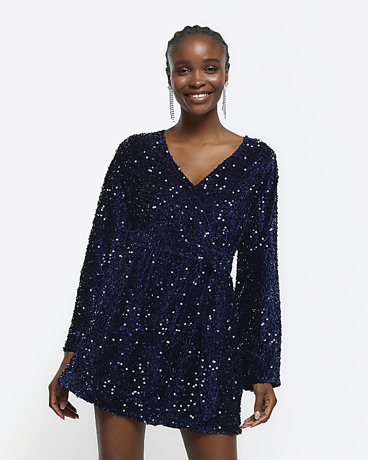 Navy sequin tie waist shift mini dress