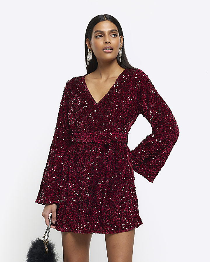 Red sequin wrap store dress