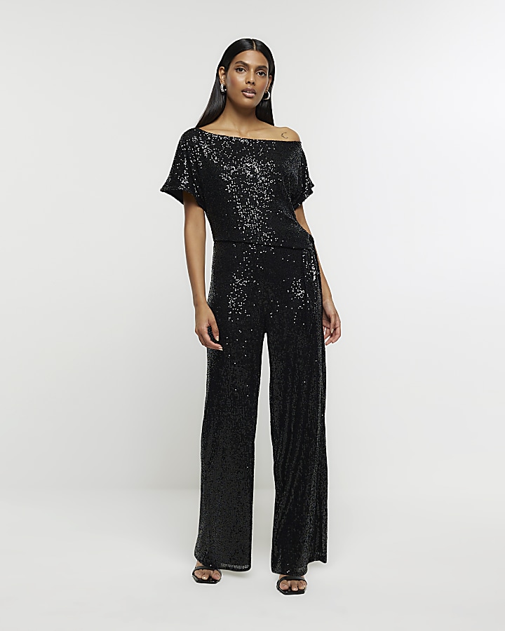 Black sequin tie side jumpsuit | River Island