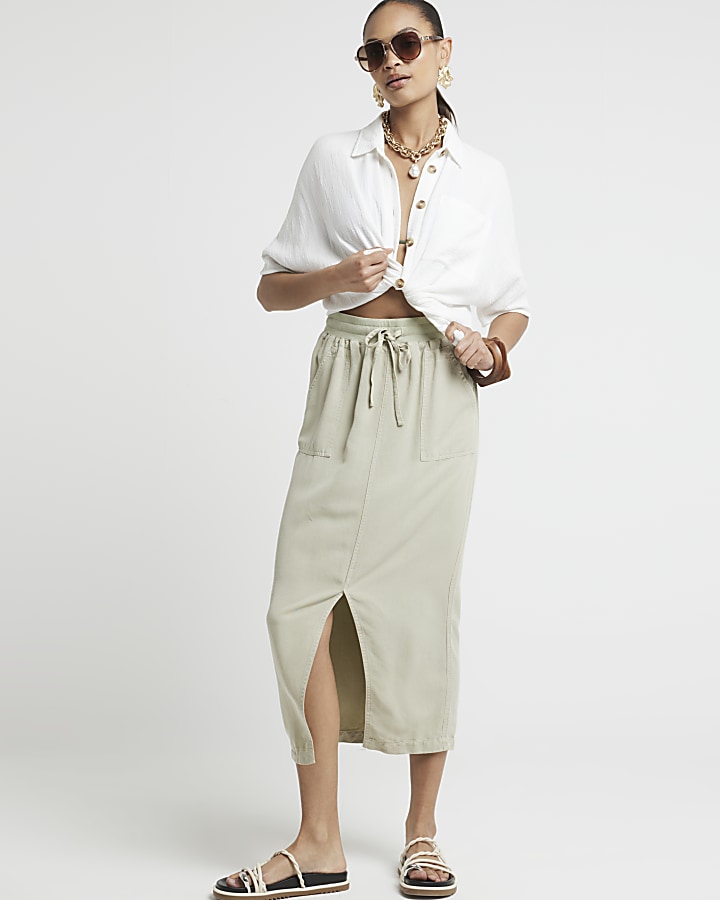 Green lyocell elasticated midi skirt