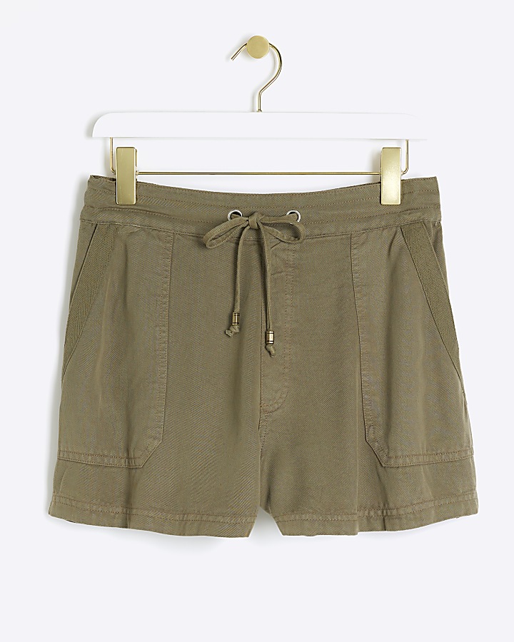 Khaki lyocell drawstring shorts