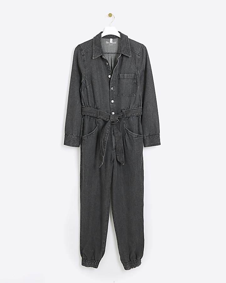 Black belted denim jumpsuit River Island