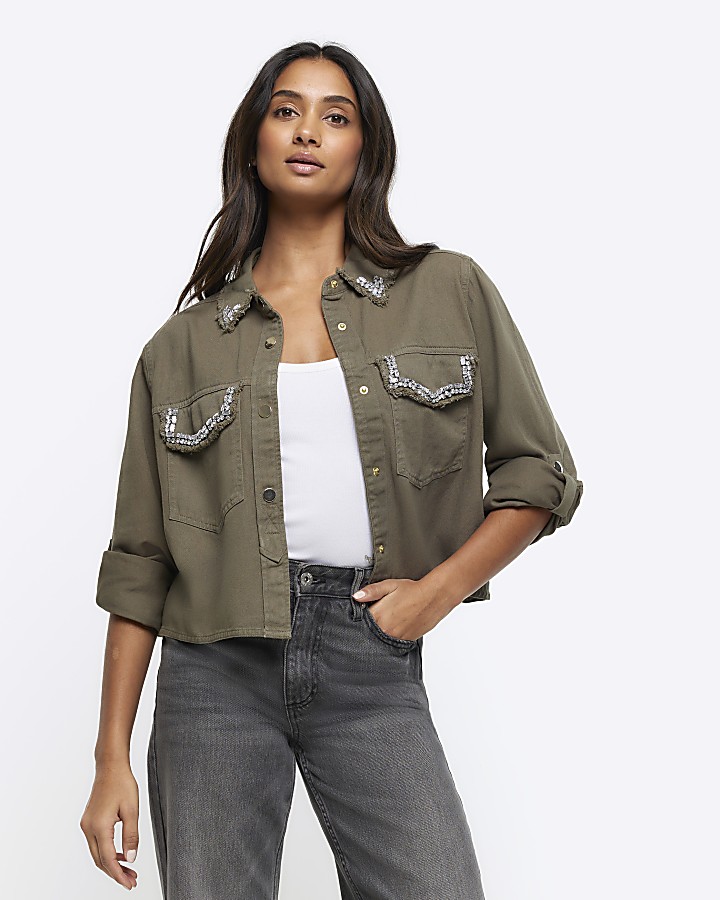 Khaki embellished crop shirt