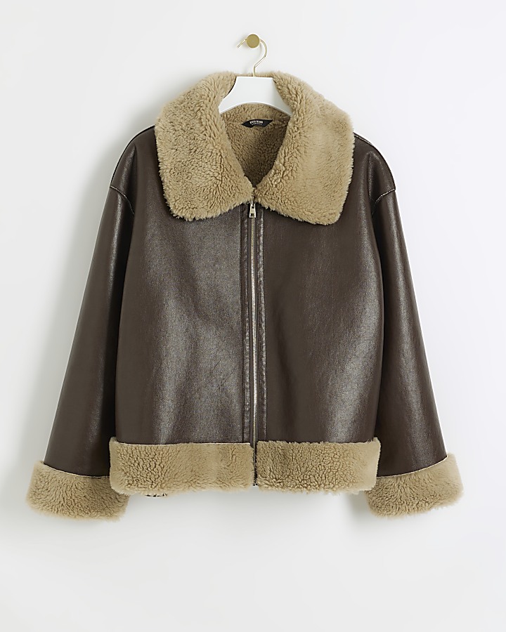 Plus brown reversible shearling jacket | River Island