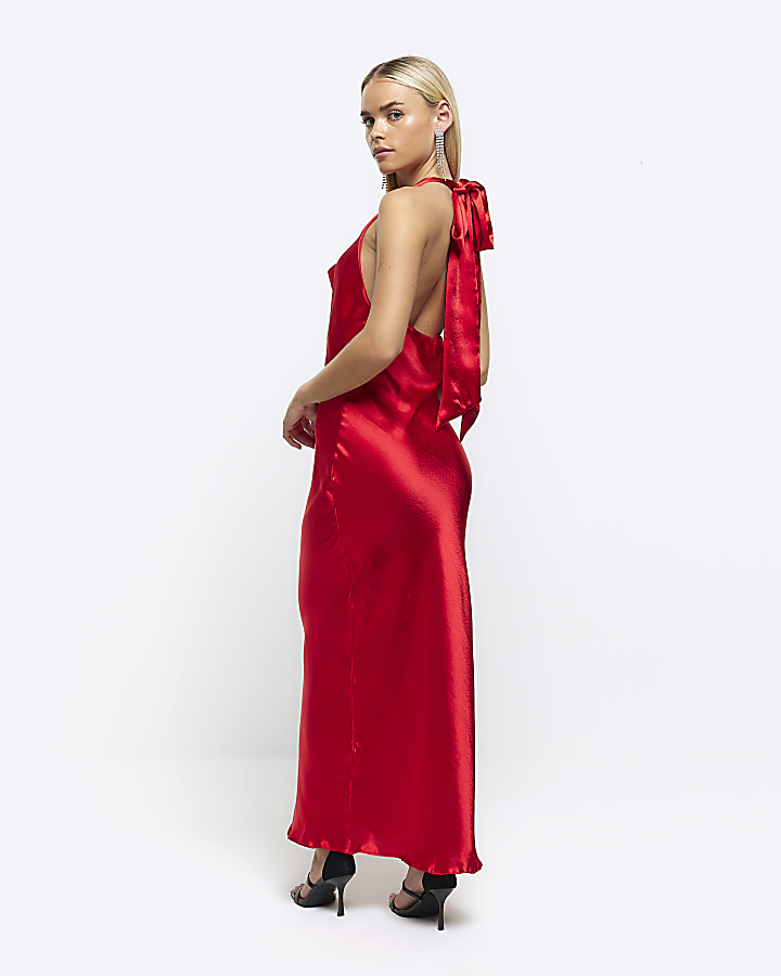 Petite red halter slip maxi dress