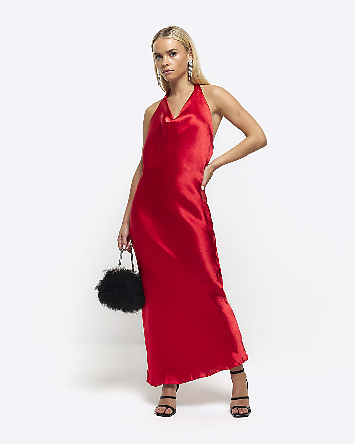 Petite red halter slip maxi dress