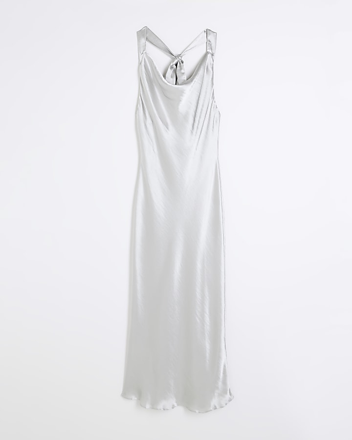 Petite silver halter slip maxi dress