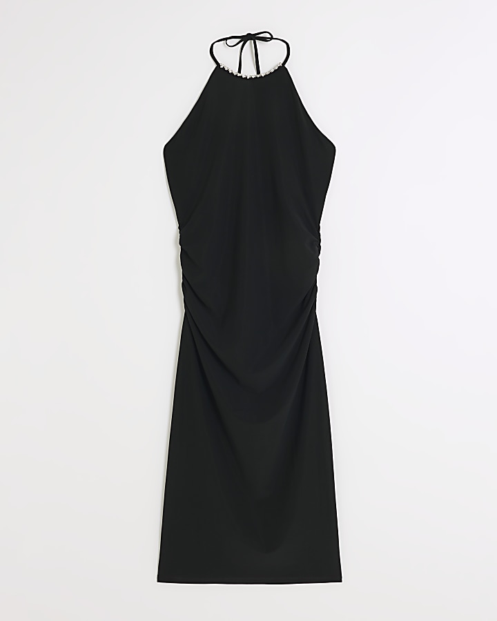 Black embellished neck bodycon midi dress