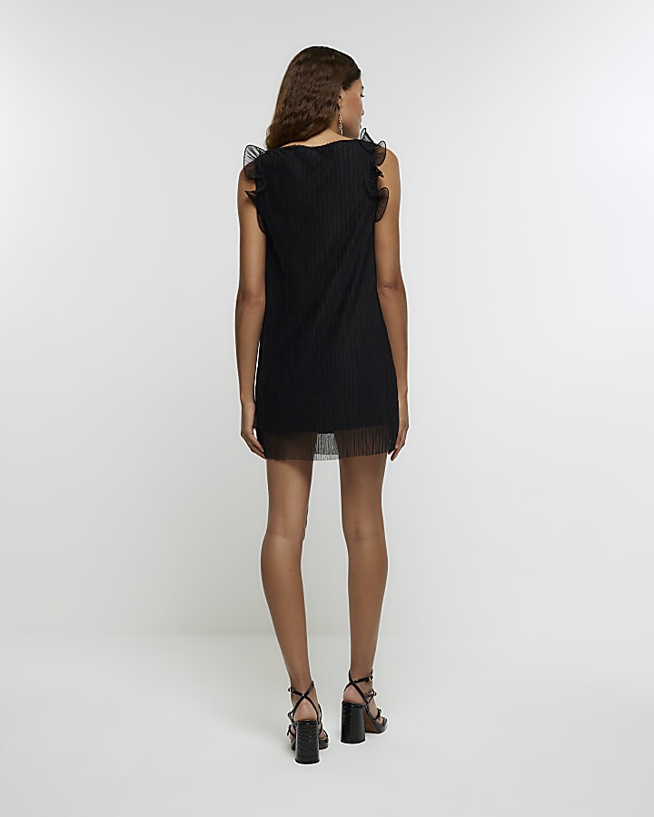 Black ruffle plisse mini dress