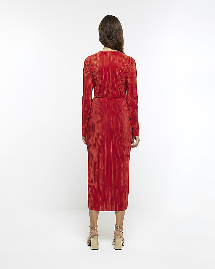 Red plisse plunge bodycon midi dress