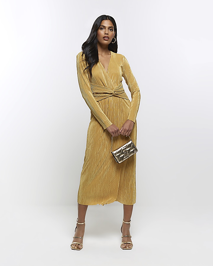 Gold wrap midi store dress