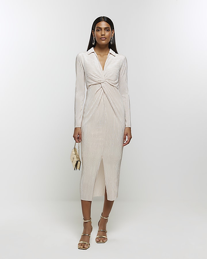 Cream plisse midi shirt dress