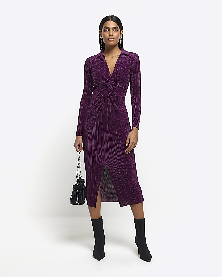 Purple plisse bodycon midi dress