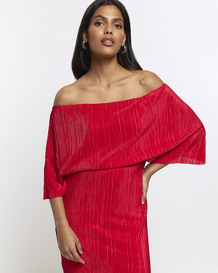 Red bardot drape plisse midi dress