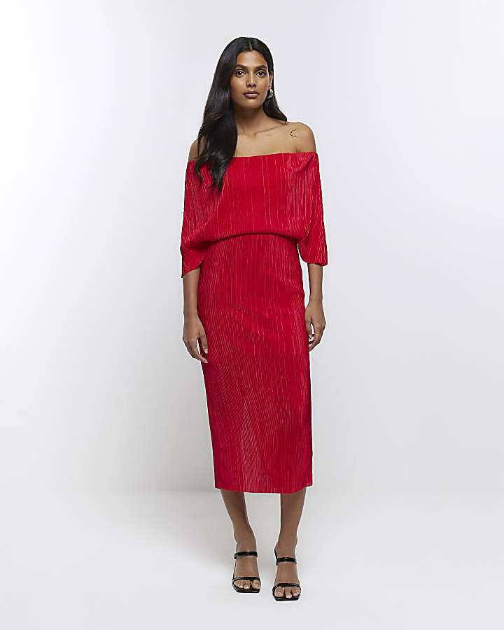 Red bardot drape plisse midi dress