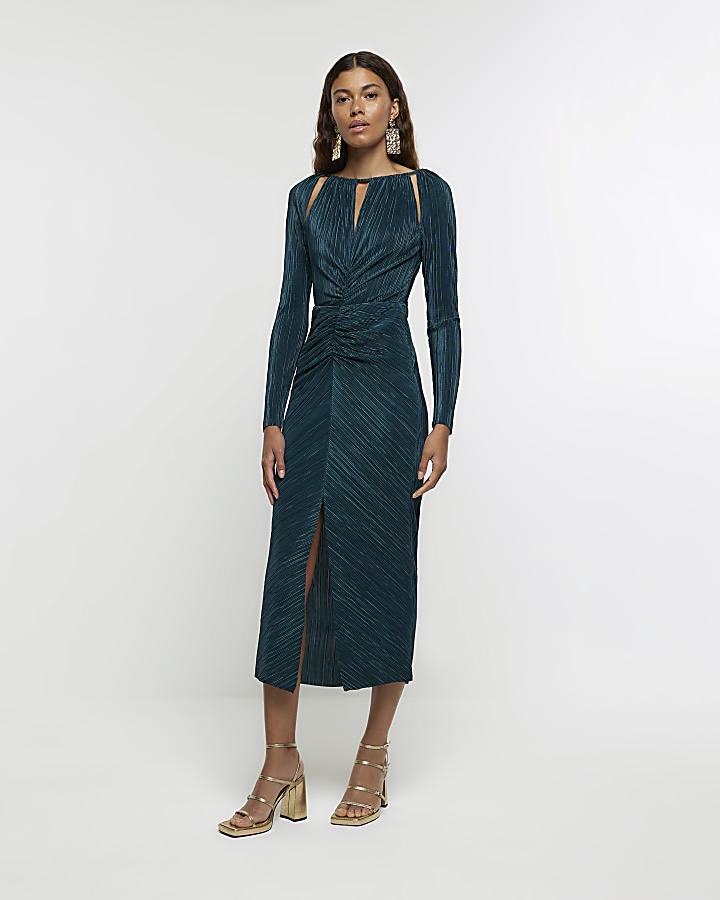 Green plisse ruched bodycon midi dress