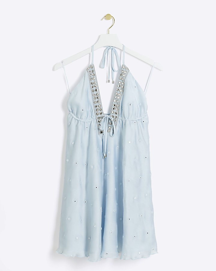 Blue embellished plunge beach mini dress