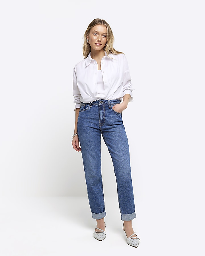 Petite blue high waisted mom sculpt jeans | River Island