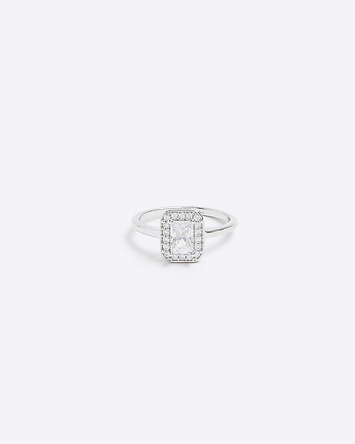 Silver square diamante ring