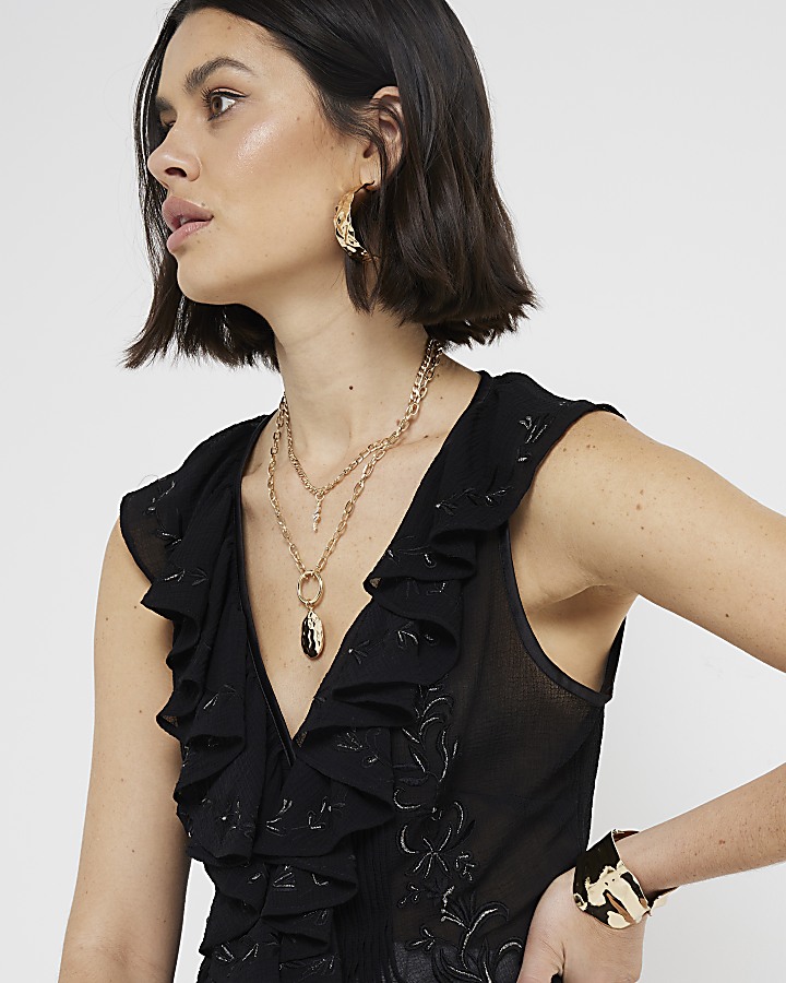 Black Embroidered Frill Blouse
